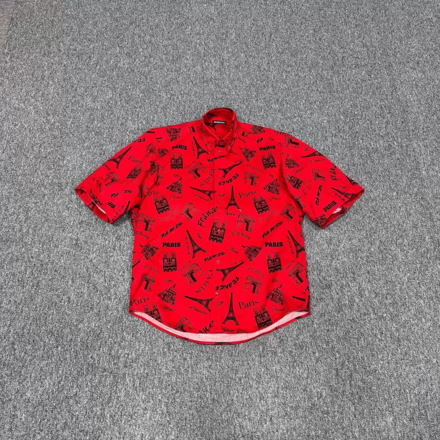 Balenciaga Red Paris Eiffel Tower Print Short Sleeve Shirt Size US S / EU 44-46 / 1 - 1 Thumbnail