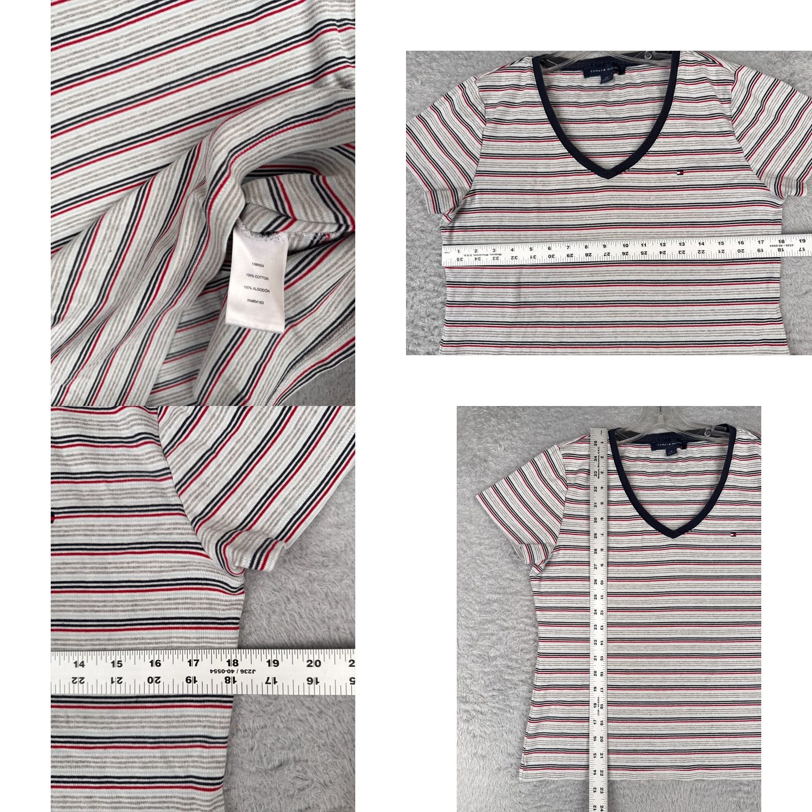 Tommy Hilfiger Tommy Hilfiger Shirt Women L Gray Red Stripe V-Neck Short Sleeve Cotton Size L / US 10 / IT 46 - 8 Thumbnail