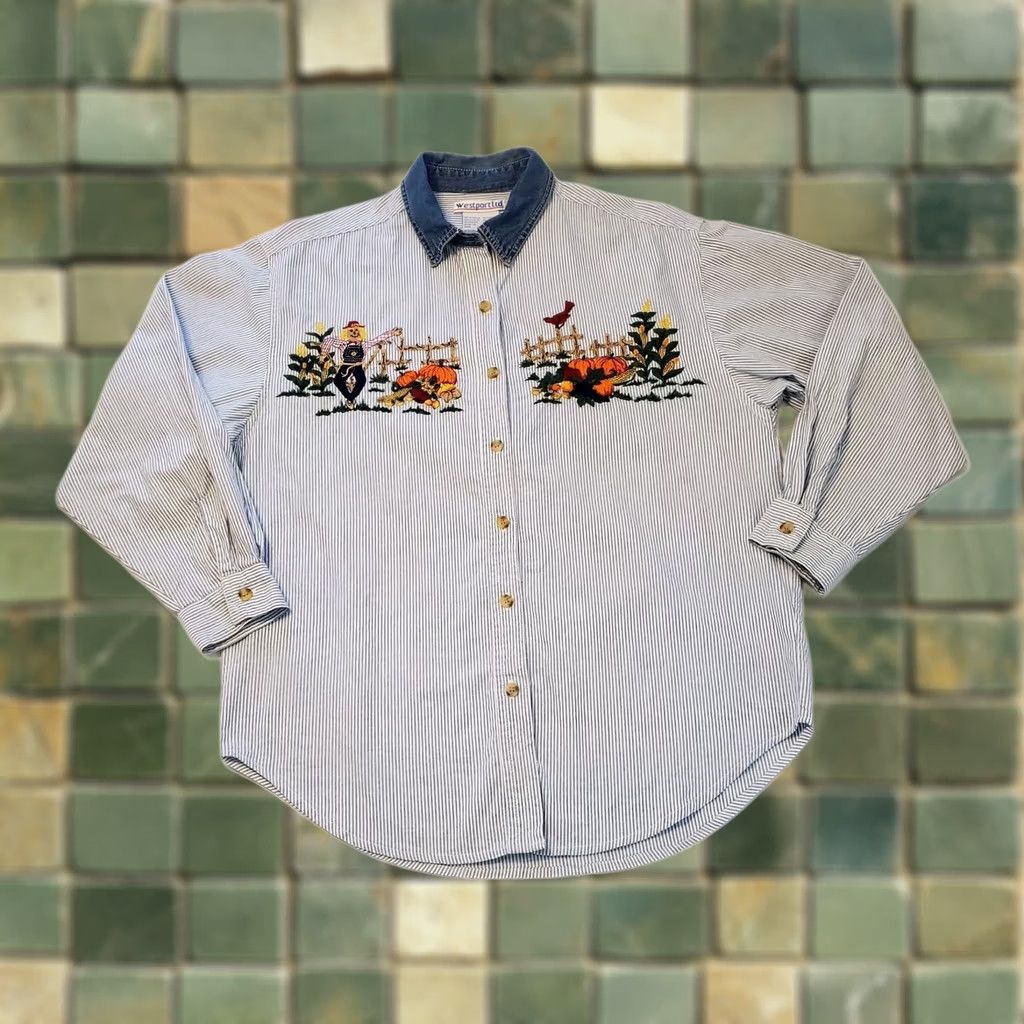 Denime VINTAGE Denim Striped Pumpkin Patch Embroidered Fall Button Up Shirt Sz Med Womens Size M / US 6-8 / IT 42-44 - 1 Thumbnail