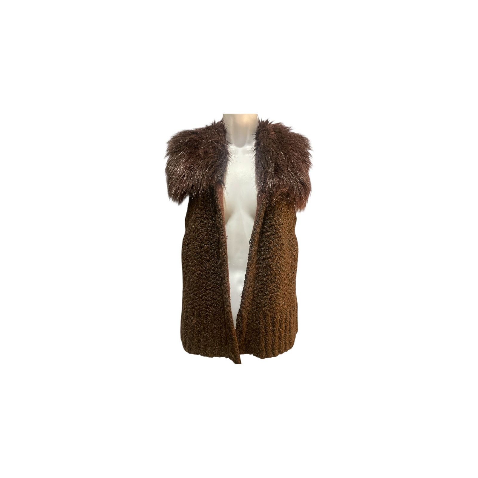 Loft LOFT Brown Bouclé Knit Sweater Vest w/ Faux Fur Trim Collar Size S / US 4 / IT 40 - 3 Thumbnail