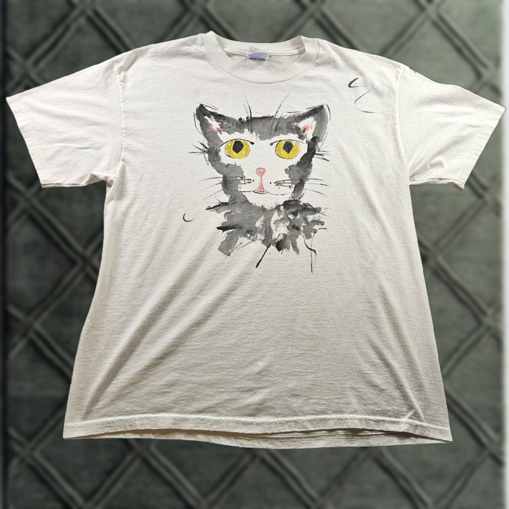VINTAGE Cat Graphic Shirt Mens Large White 50/50 Double Sided Paw Print 90s