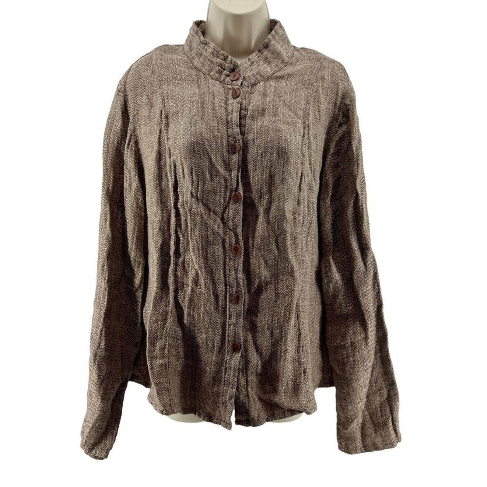 FLAX FLAX Linen Button Down Mandarin Collar Shirt Natural Tan L Size L / US 10 / IT 46 - 1 Thumbnail
