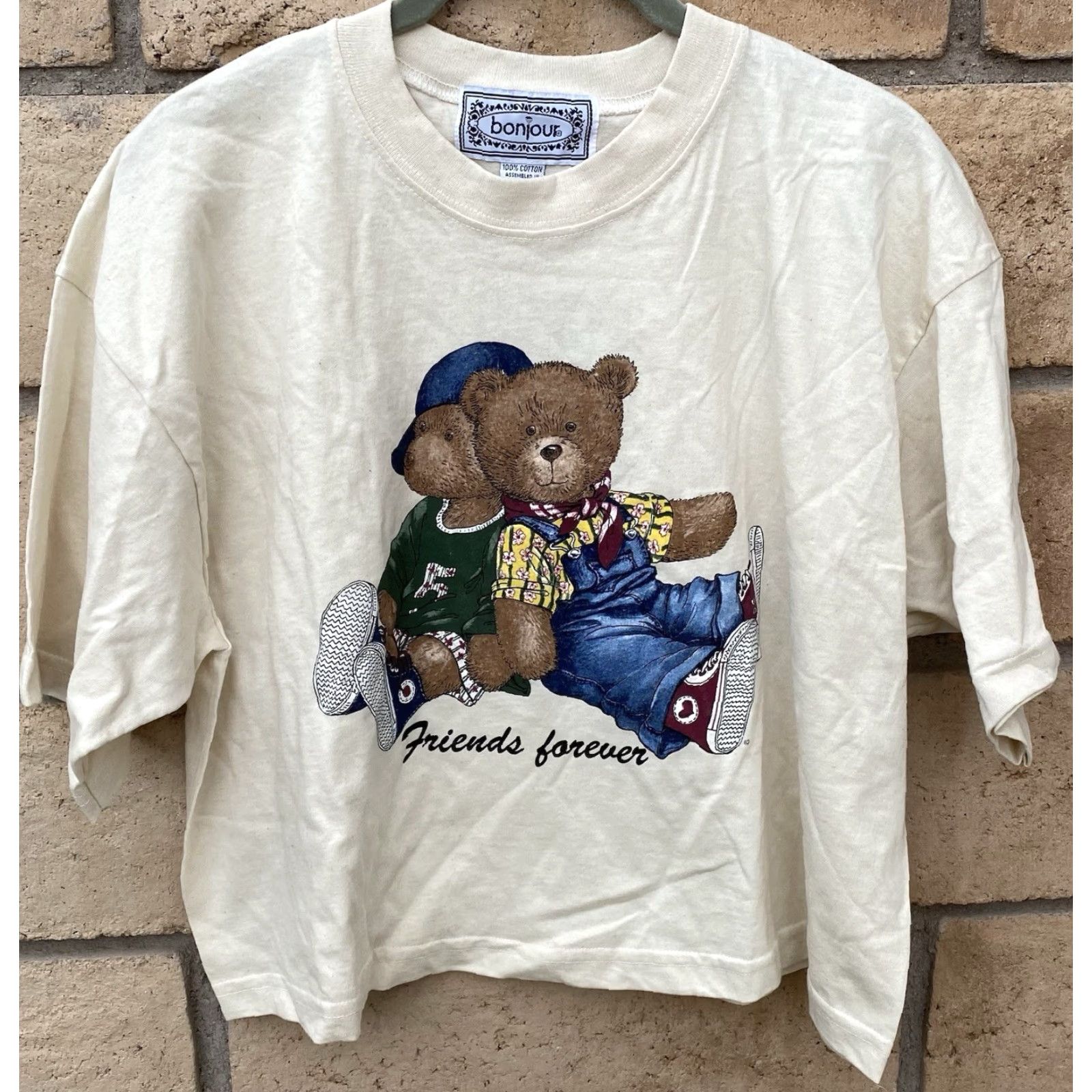 Vintage VINTAGE Bonjour Teddy Bear Friends Forever One Size Crop Top T Shirt Half Shirt Shirt One Size Ivory Graphic 1990s Mens Womens Girls Boys Size ONE SIZE - 3 Thumbnail