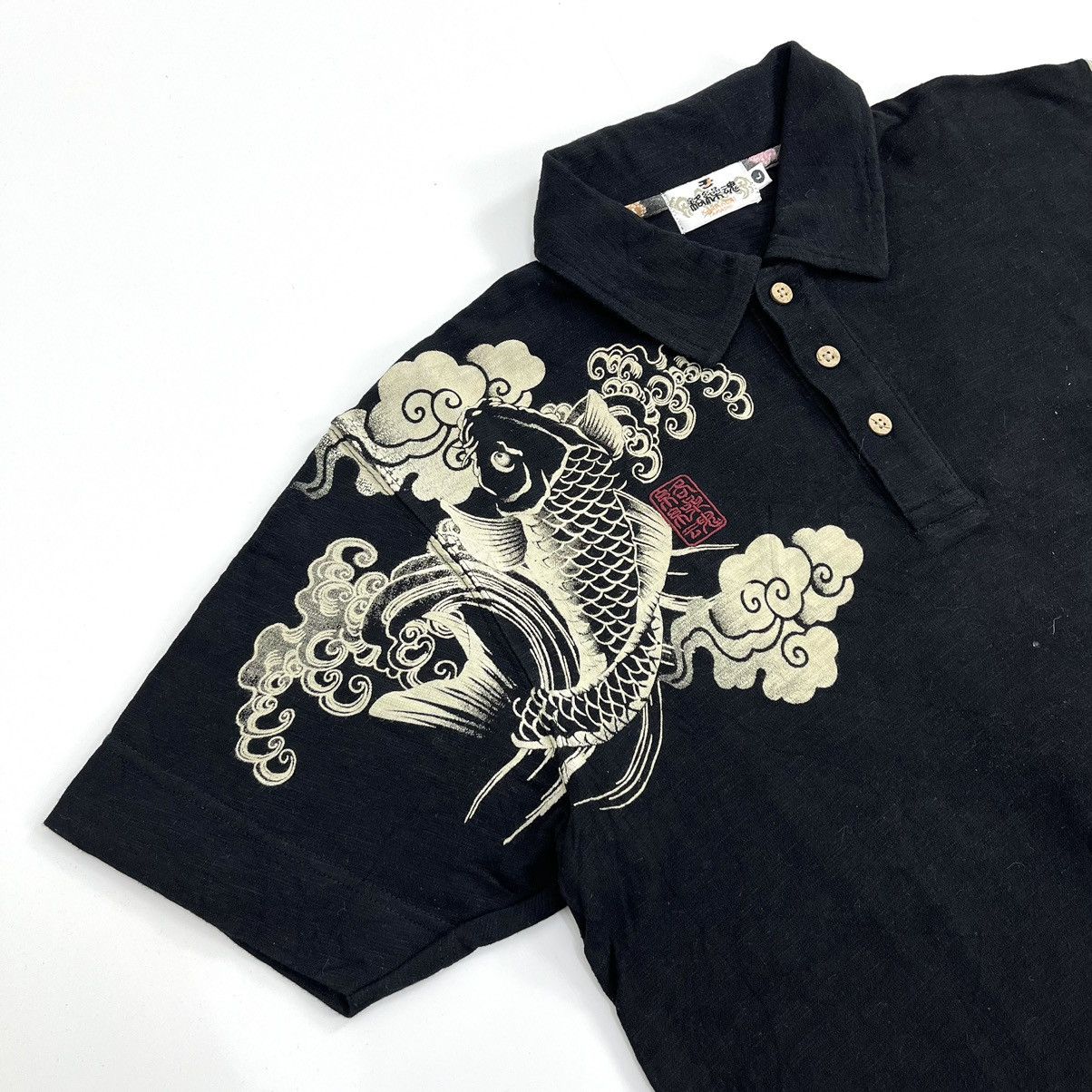 Vtg Traditional Karakuri Tamashii Embroidered Koi Polo Shirt
