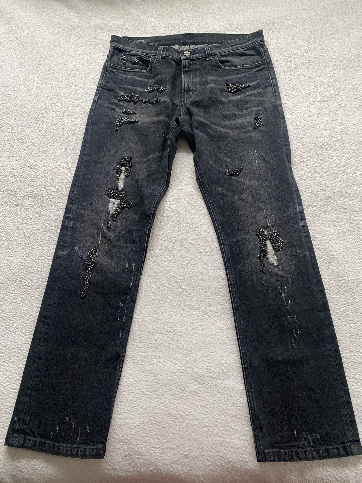 Gucci Gucci distressed embellished rhinestone jeans | Grailed