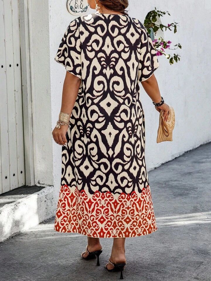 Shein V Neck Boho Graphic Print Sun Dress Vacation Dress Size ONE SIZE - 2 Thumbnail