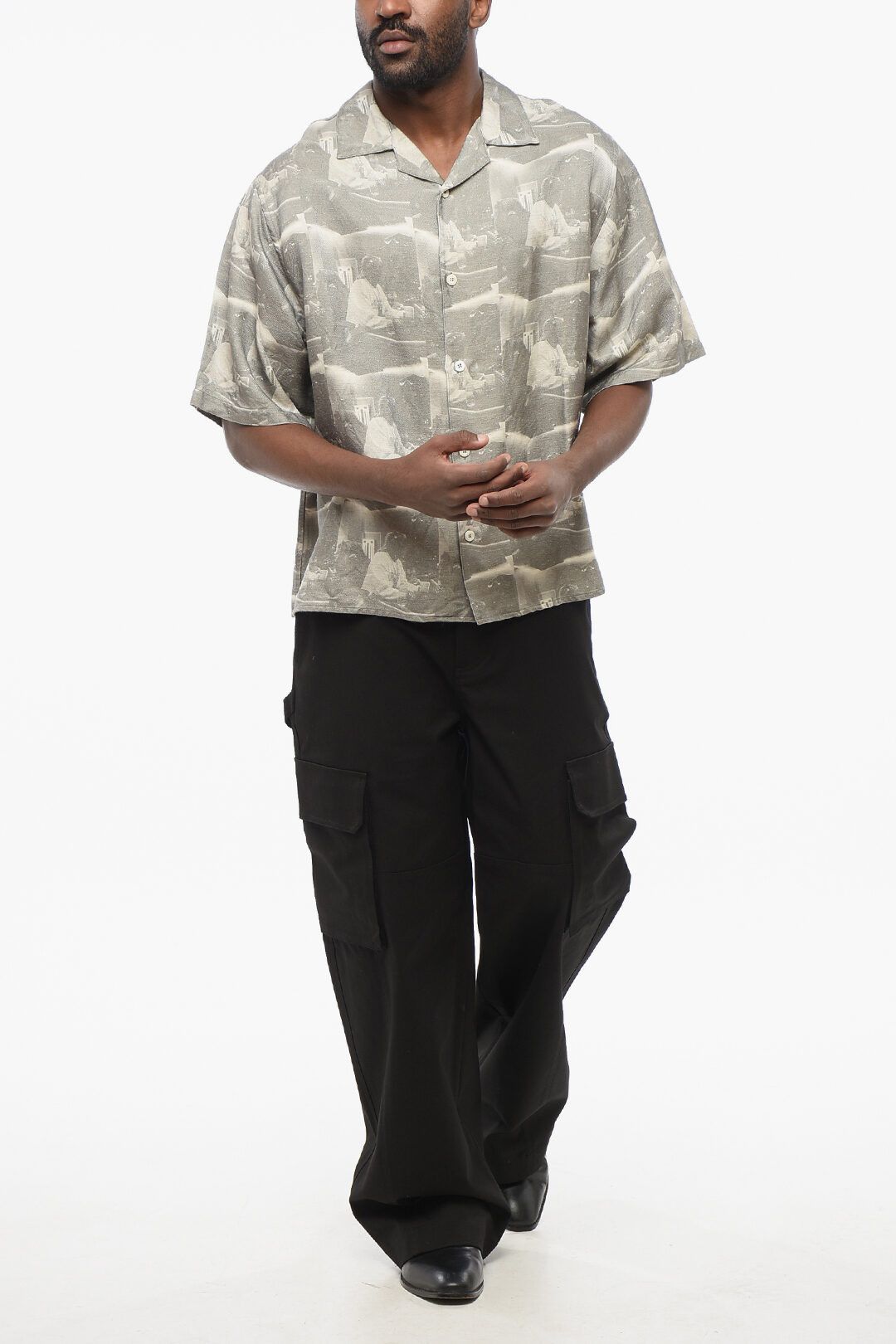 1989 STUDIO og1mm0725 Printed Linen Blend Bowling Shirt in Grey Size US M / EU 48-50 / 2 - 4 Thumbnail