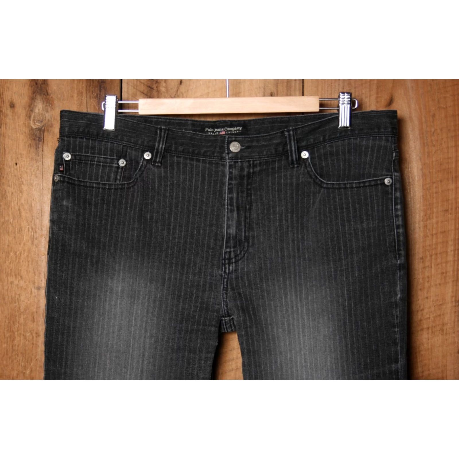 Vintage Y2K Vintage Polo Jeans Black Pinstriped Stretch Denim Bootcut Ankle Jeans Sz. 14 Womens Tight Waist 35in Inseam 28.5in 99% Cotton 1% Spandex Size 36" / US 14 / IT 50 - 2 Thumbnail
