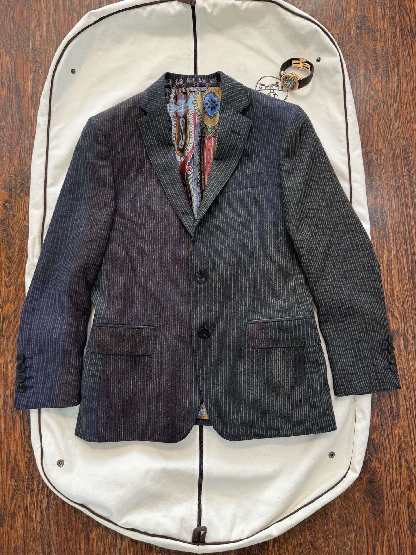 Etro Etro Intarsia Stripe Wool Suit 46 w/ Cascading Flower Lining Size 46R - 1 Thumbnail