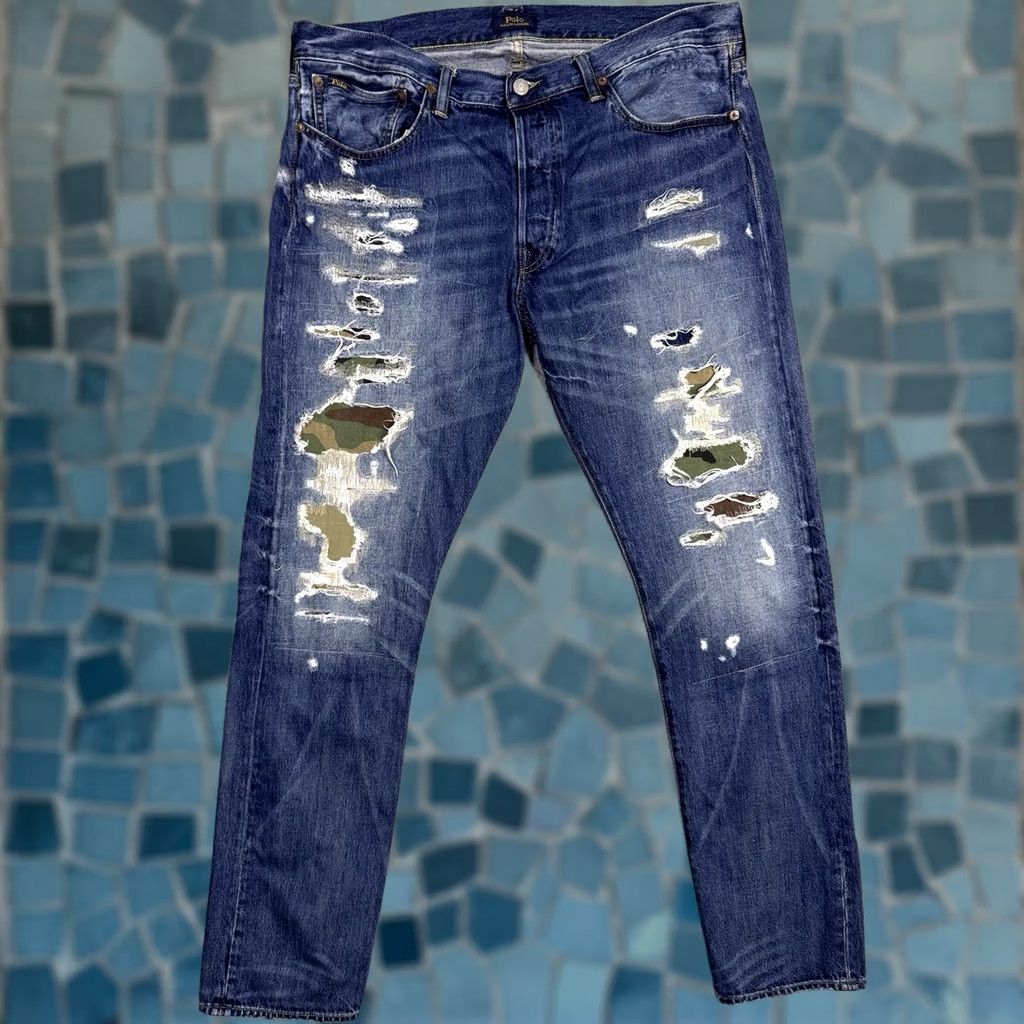 Polo Ralph Lauren Polo Ralph Lauren Jeans Mens 36x32 Sullivan Patchwork Camo Distressed Button Fly Jeans Size US M / EU 48-50 / 2 - 1 Thumbnail