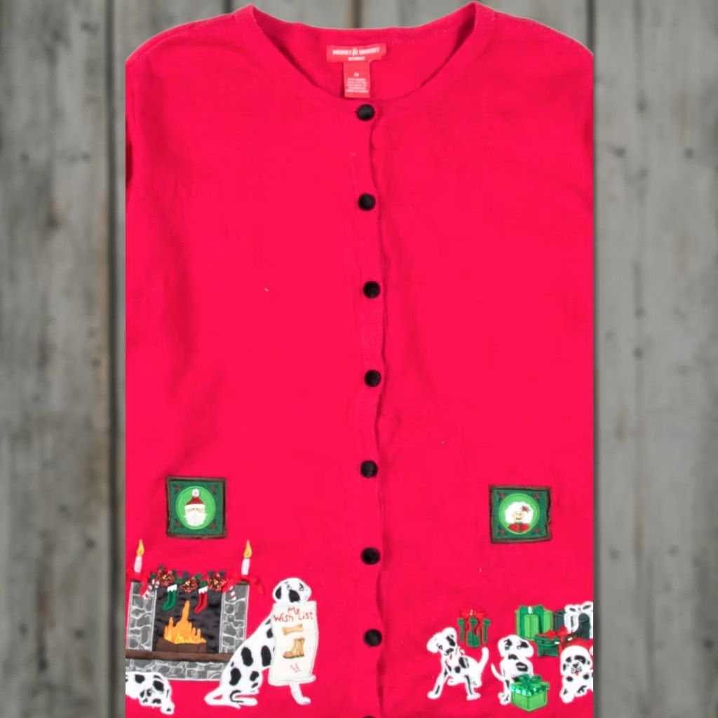 Vintage VINTAGE Merry & Bright Red Dalmatians Ugly Christmas Cardigan Cardigan X-Large Womens Mens 50 Chest 27 50 Red Christmas 57083 Size XL / US 12-14 / IT 48-50 - 1 Thumbnail