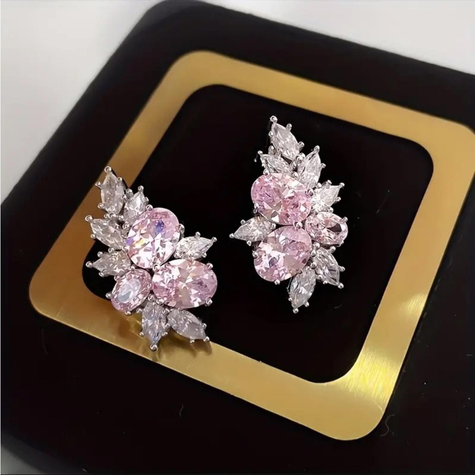 Designer 3Ct Oval Cut Pink CZ Flower Stud Earring 14K White Gold Size ONE SIZE - 2 Thumbnail