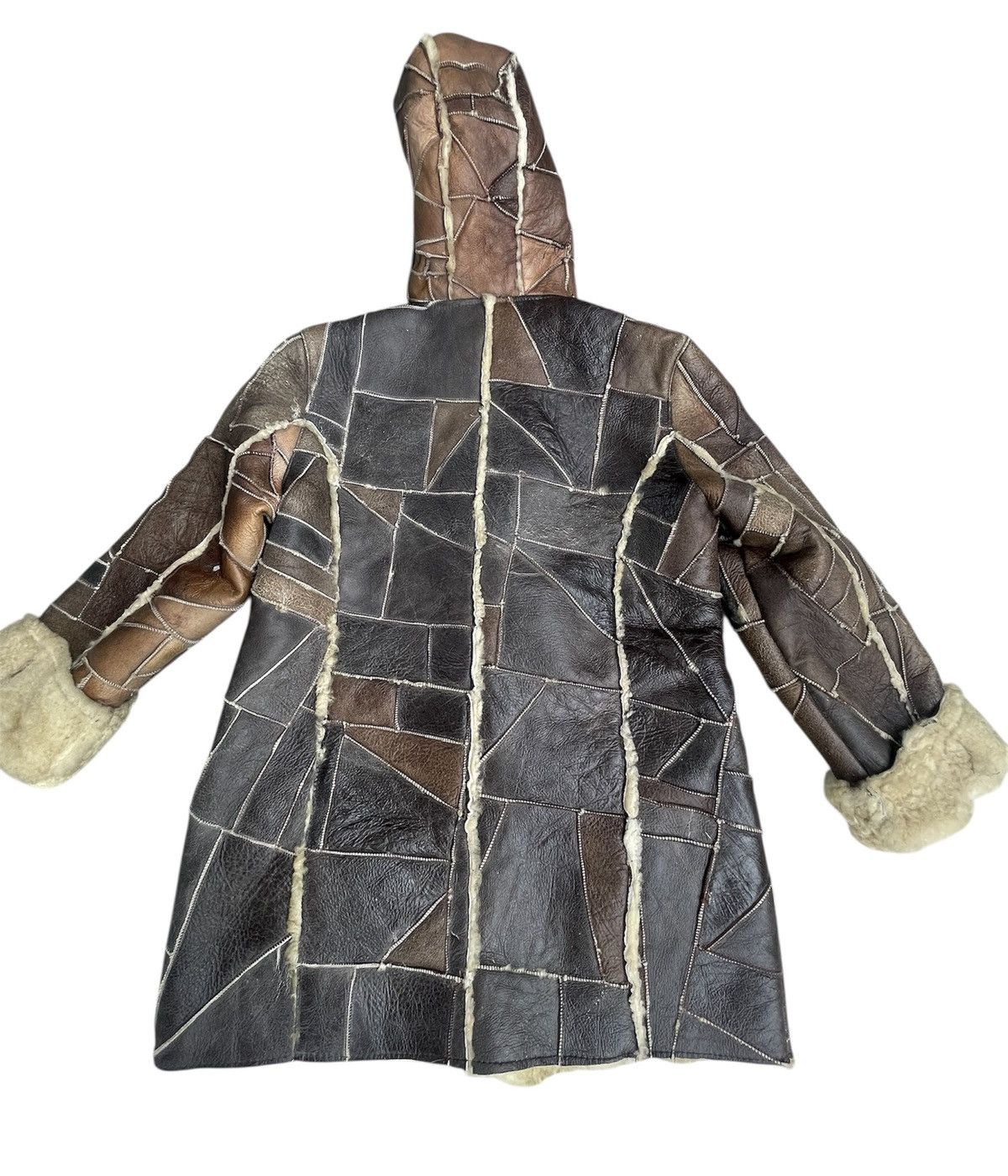 Japanese Brand Stewart Richer Shearling Brown Leather Patchwork Hooded Coat Size US M / EU 48-50 / 2 - 5 Thumbnail
