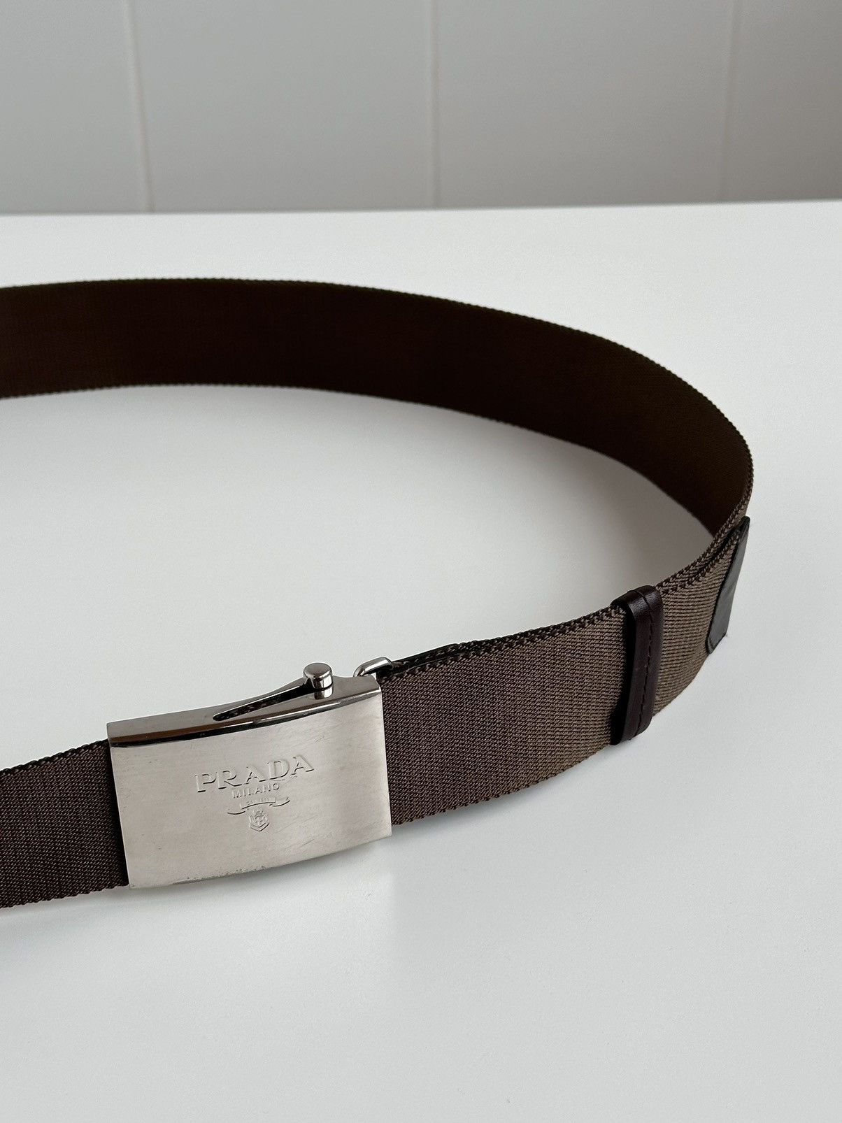 Prada Prada Logo Metal Silver Buckle Nylon / Leather Belt Size ONE SIZE - 6 Thumbnail
