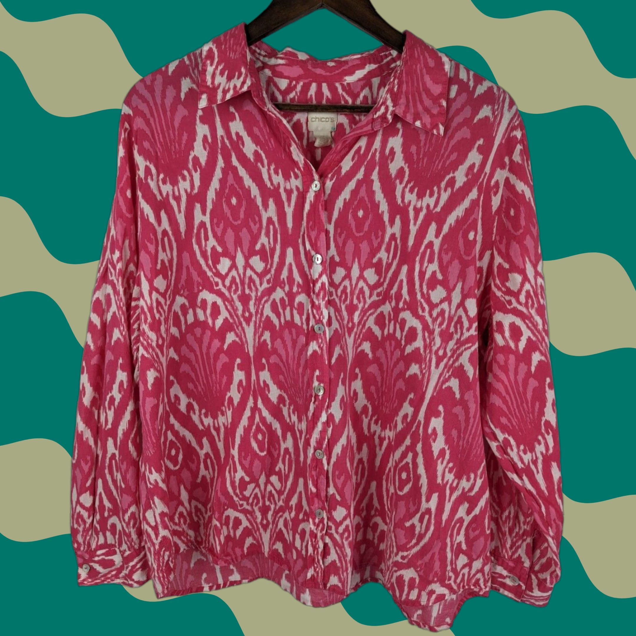 Vintage Chicos Shirt Womens Button-Up Damask Ikat Cotton Pink XL 3 US Sheer Sleeve Long Collared Size XL / US 12-14 / IT 48-50 - 1 Thumbnail