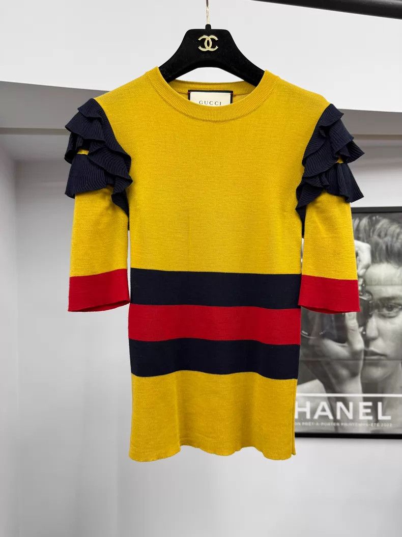 Gucci Gucci Yellow stitching striped wooden ear knitted short-sl Size S / US 4 / IT 40 - 1 Thumbnail