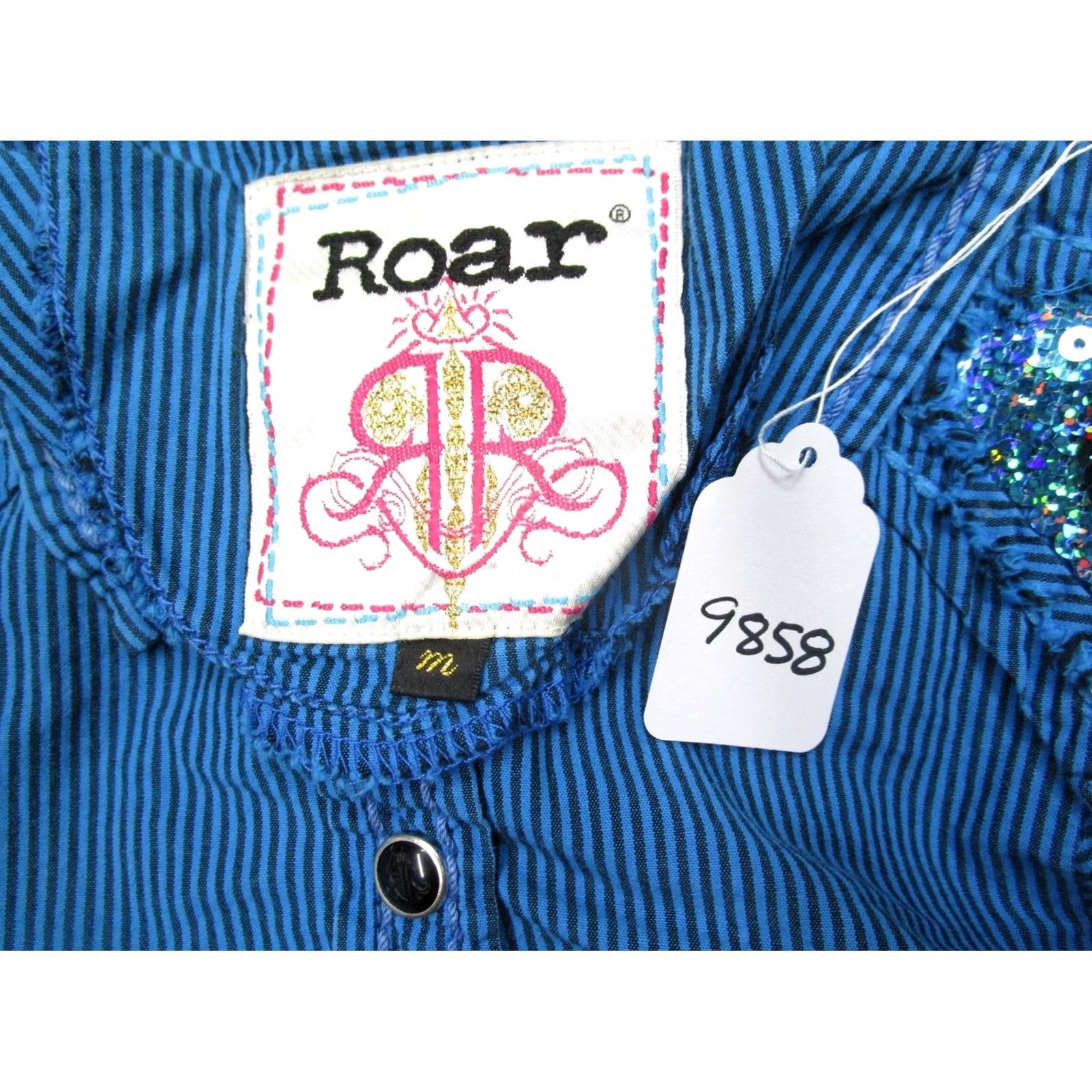 Roar Roar Shirt Women M Blue Striped Western Pearl Snap Beaded Embroidered Rhinestone Cowboy Outdoor Rock Button-Up Y2K Style Size M / US 6-8 / IT 42-44 - 7 Thumbnail