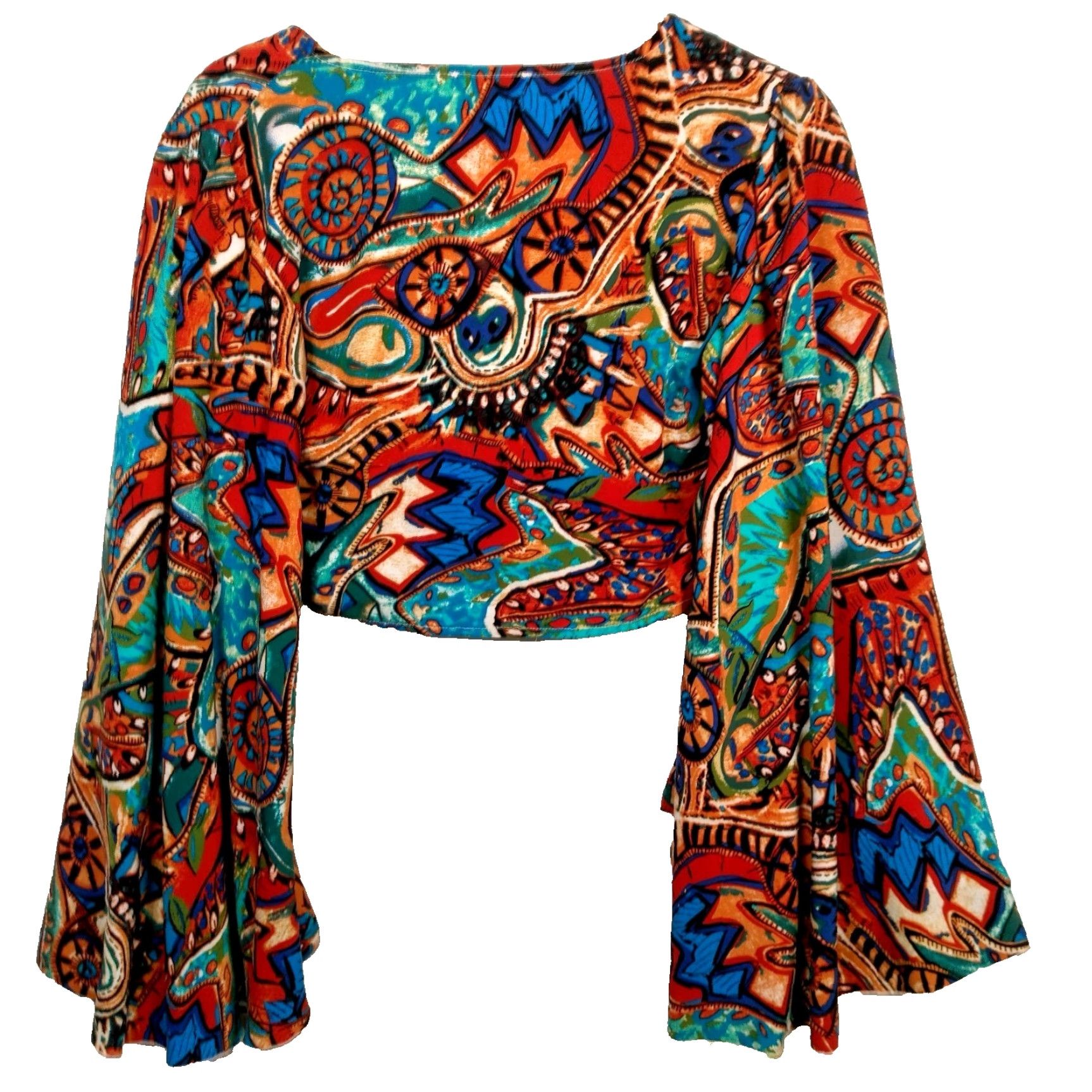 Bell VINTAGE LUUKSE Womens Cropped Blouse S Long Bell Sleeve Abstract Psychedelic Boho Festival Size S / US 4 / IT 40 - 2 Thumbnail