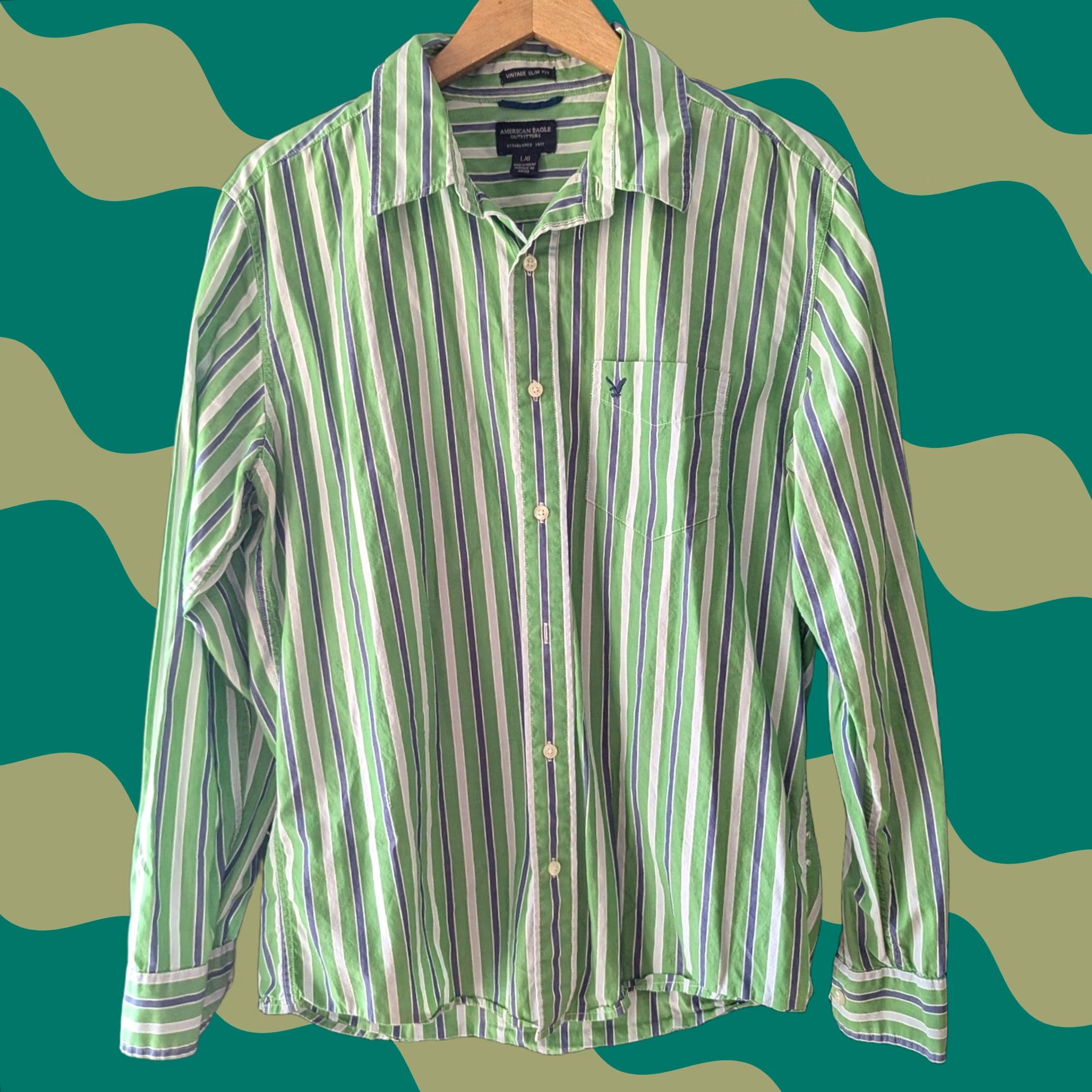 American Eagle Outfitters American Eagle Button-Up Shirt Striped Slim Fit Green Blue Mens Sz L Vintage Long Sleeve Collared Chest Pocket Cotton Size US L / EU 52-54 / 3 - 1 Thumbnail