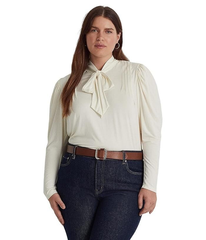 Polo Ralph Lauren LAUREN Ralph Lauren Jersey Tie Neck Top Natural Cream ( 2X ) Size XXS / US 00 / IT 34 - 1 Thumbnail