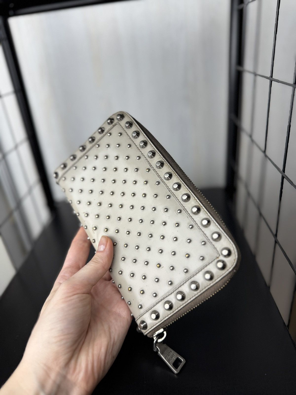 Prada PRADA WALLET STUDDED PURSE GRAY CARDS STUDDED WALLET Grey Size ONE SIZE - 11 Thumbnail