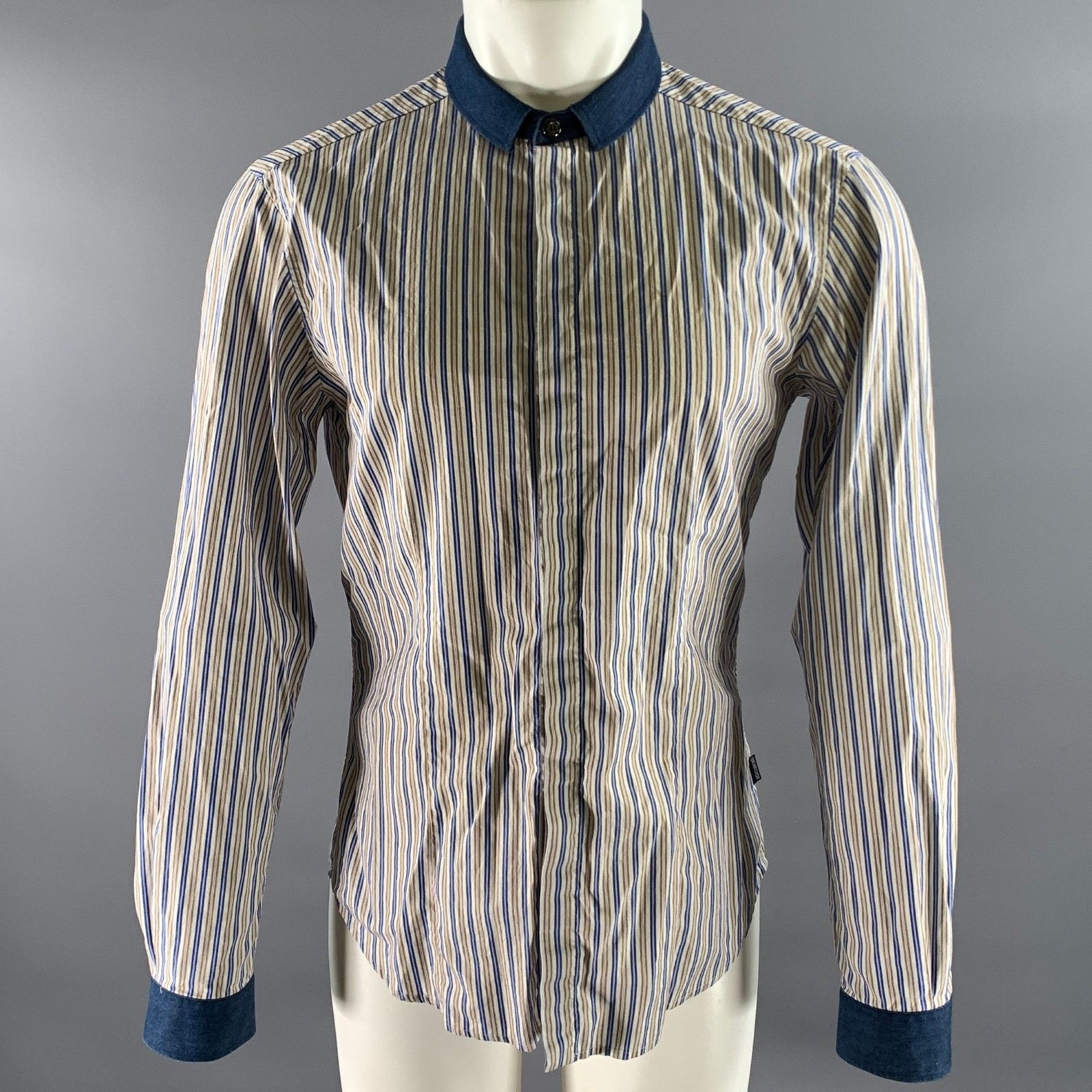 Just Cavalli JUST CAVALLI White Blue Brown Cotton Long Sleeve Shirt Size US M / EU 48-50 / 2 - 1 Thumbnail