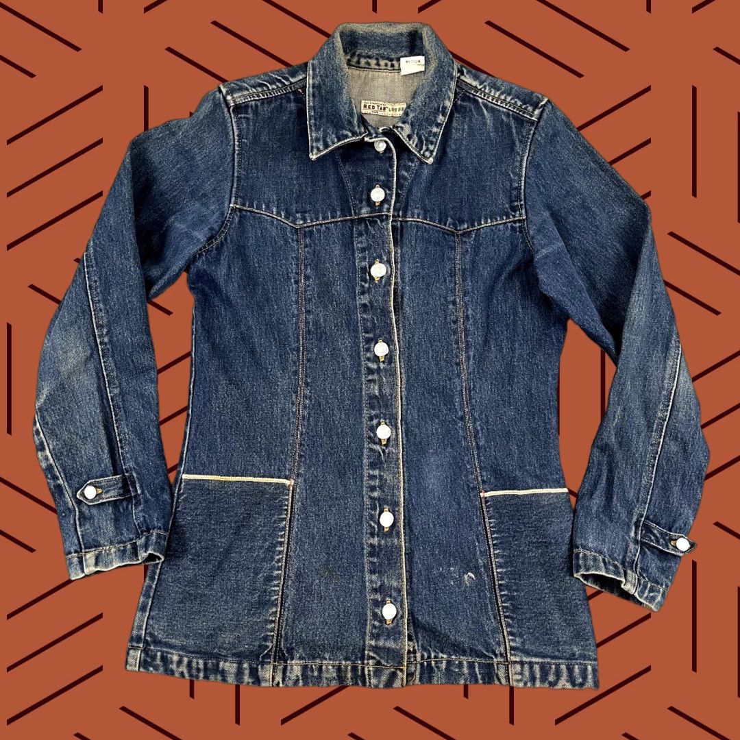 Levi's VINTAGE Levi Strauss Jacket Womens M Blue Denim Red Tab Lot 53 Selvedge Y2K RED Blue Denim Classic 80s 90s Retro Womens Jacket Size M / US 6-8 / IT 42-44 - 1 Thumbnail