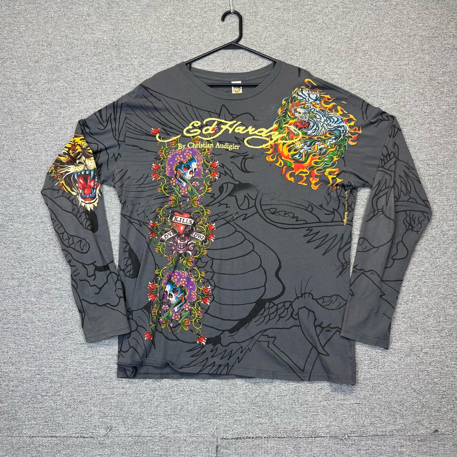 Image of Vintage Y2K 2000S Ed Hardy All Over Print Long Sleeve in Grey, Men's (Size 2XL)