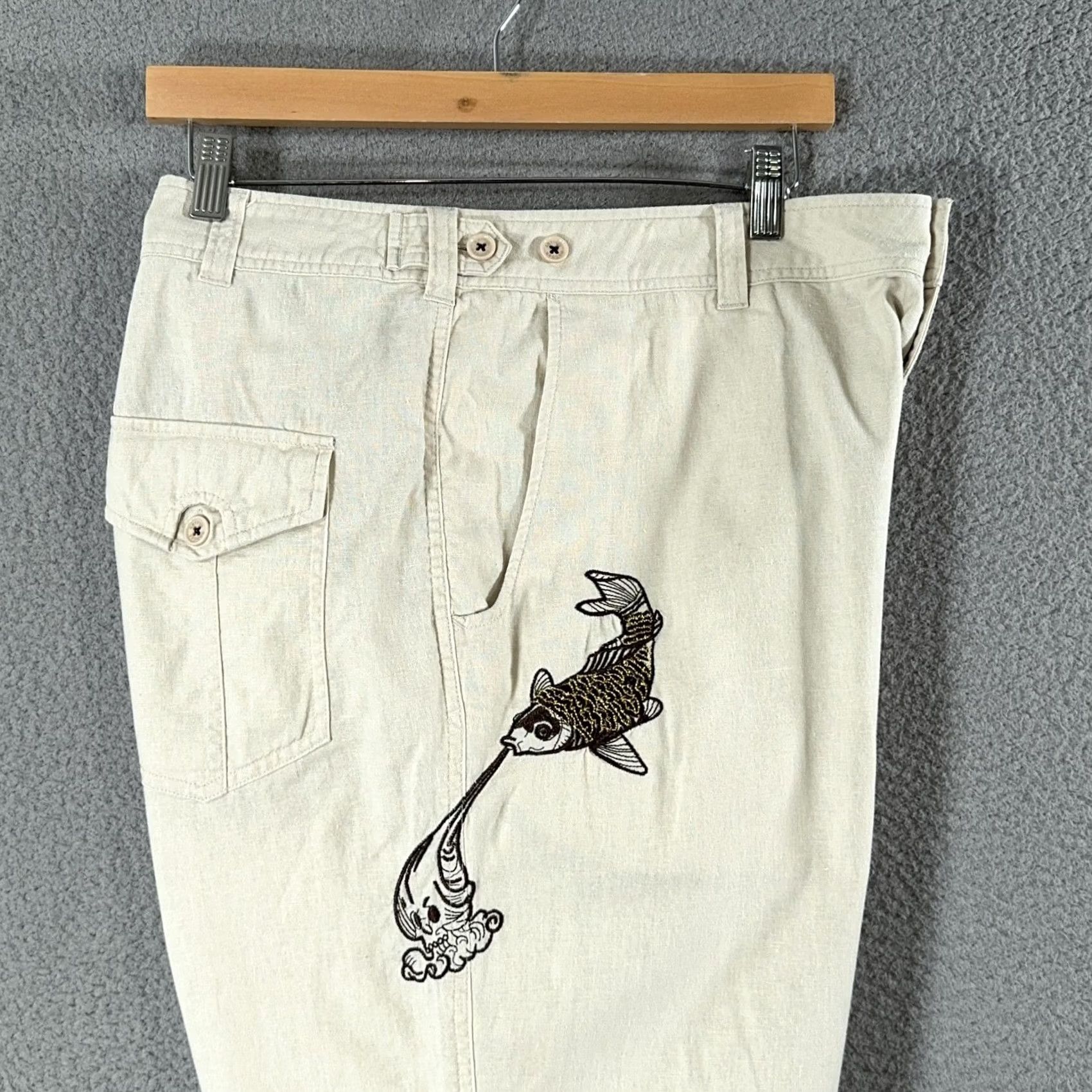 Vintage VINTAGE Artful Dodger Embroidered Linen Pants Mens 40 Beige Koi Fish 41x33 Size US 40 / EU 56 - 2 Thumbnail