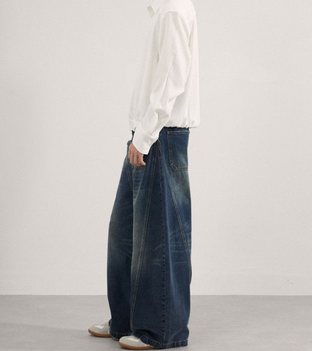 Japanese Brand Street curved wash straight leg patchwork wide-leg jeans Size US 32 / EU 48 - 3 Thumbnail