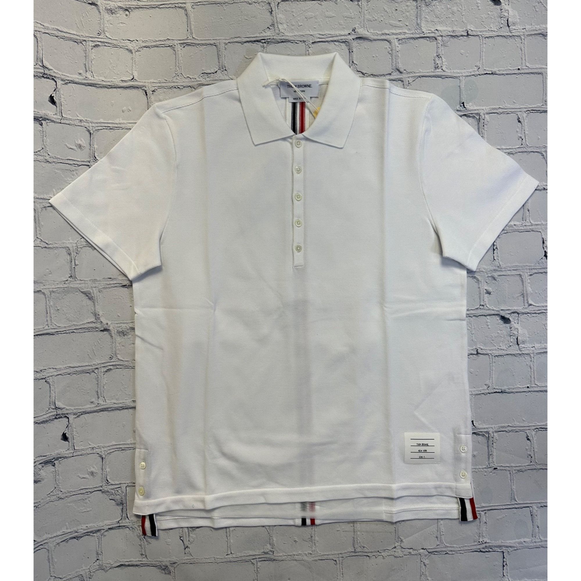 image of Thom Browne New York Relaxed Fit Ss Polo W/ Cb Rwb Stripe In in White, Men's (Size Medium)