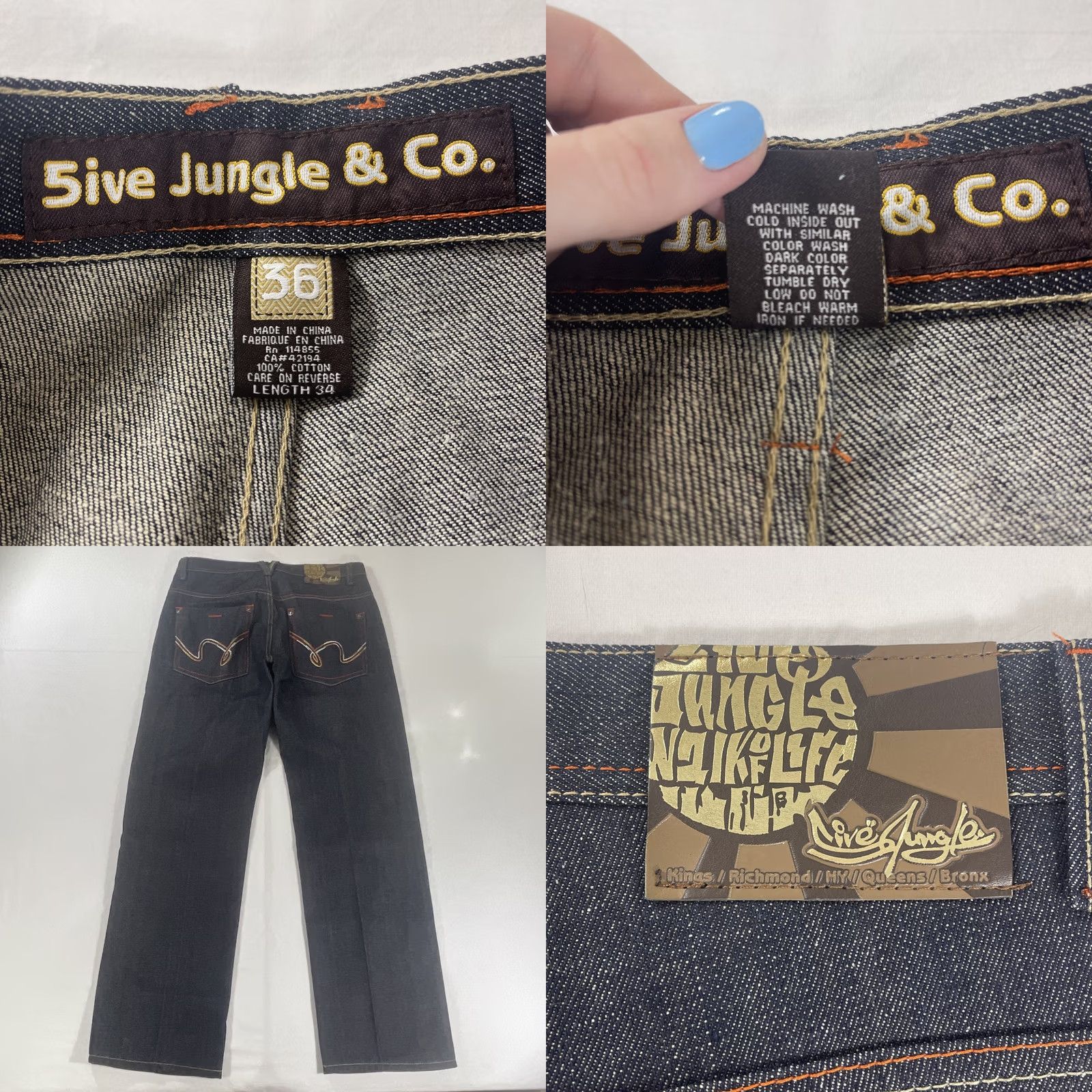 CO VINTAGE 5ive Jungle & Co Jeans 36 Mens Dark Blue 5-Pocket Distressed Wide-Leg Cotton Denim Hip Hop Baggy 90s Style Casual Mens Jeans Size US 36 / EU 52 - 9 Thumbnail