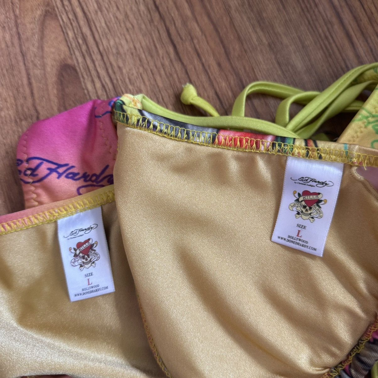 ED HARDY Vintage Y2K Rare Pink Yellow Dishonor Bikini Set