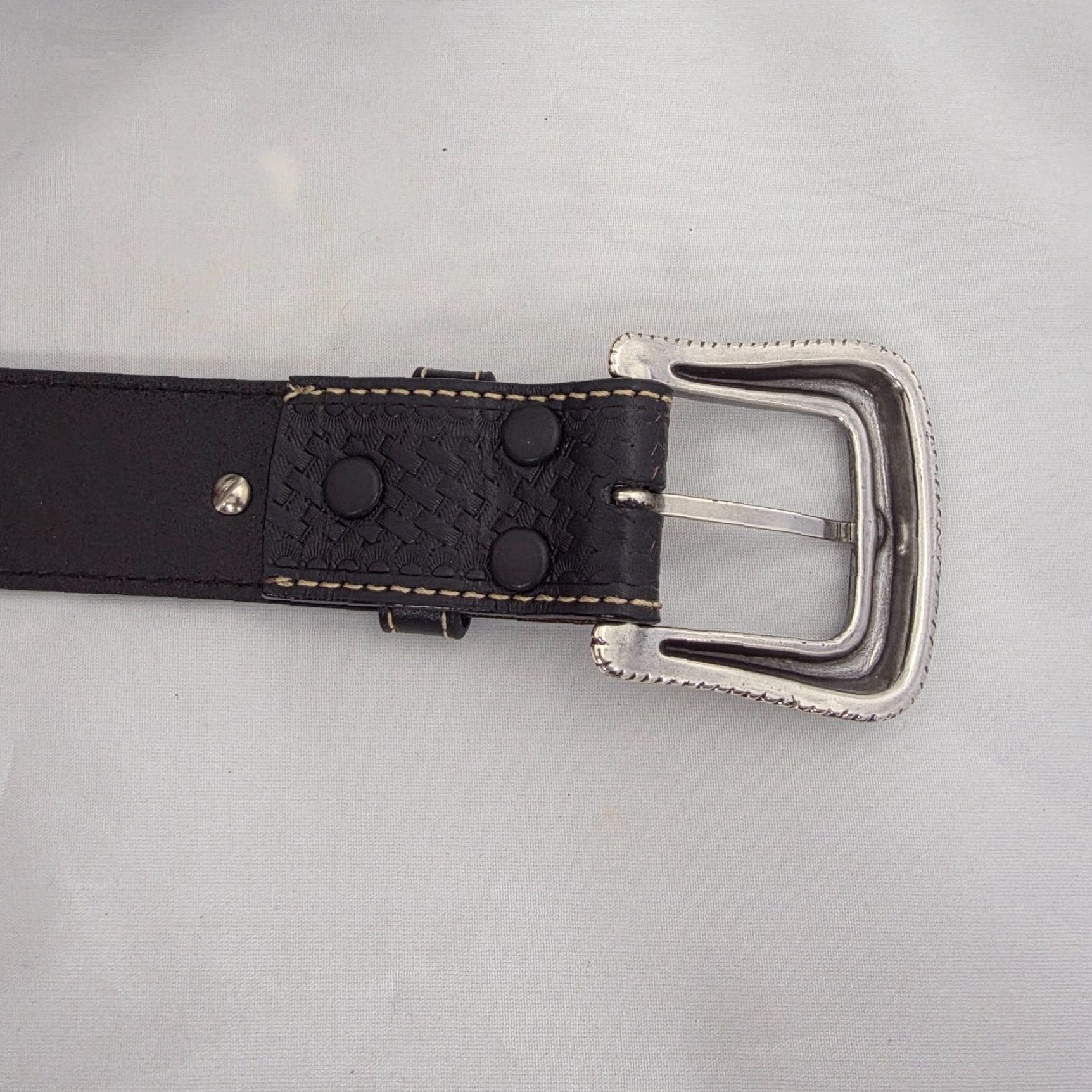 Vintage LARRY MAHAN Western Belt Buckle Black Genuine Leather Silver Stars Men’s Size 38 Belt Size 38 - 5 Thumbnail