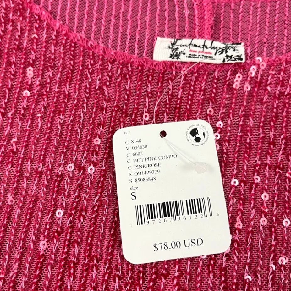 Free People FREE PEOPLE Shirt Womens Small Hot Pink Combo Sequin Sparkle Long Sleeve Party Casual Blouse Size S / US 4 / IT 40 - 3 Thumbnail