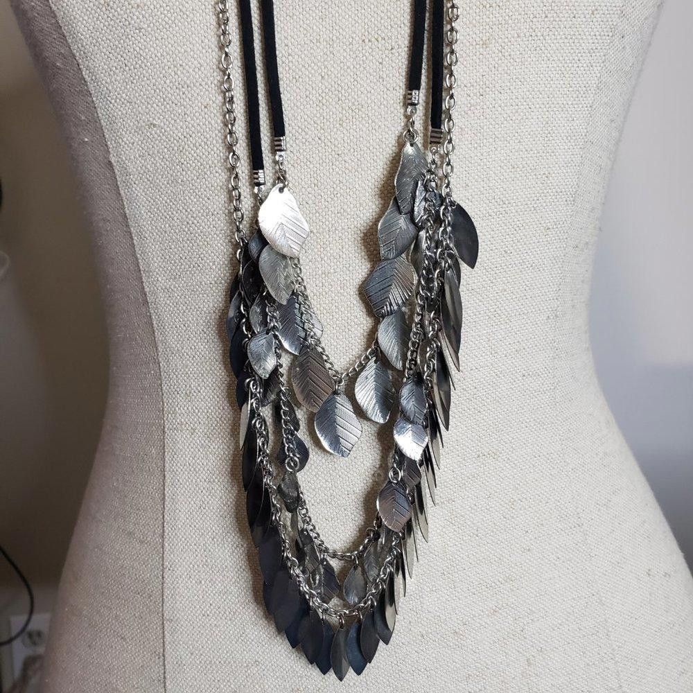 Designer Leather & Chain Multi Strand Leaf Tassel Long Necklace 36" Size ONE SIZE - 2 Thumbnail
