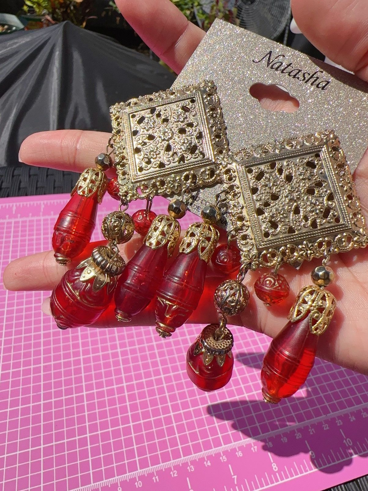Designer Natasha red resin long beads drops earrings gold Indian Size ONE SIZE - 3 Thumbnail