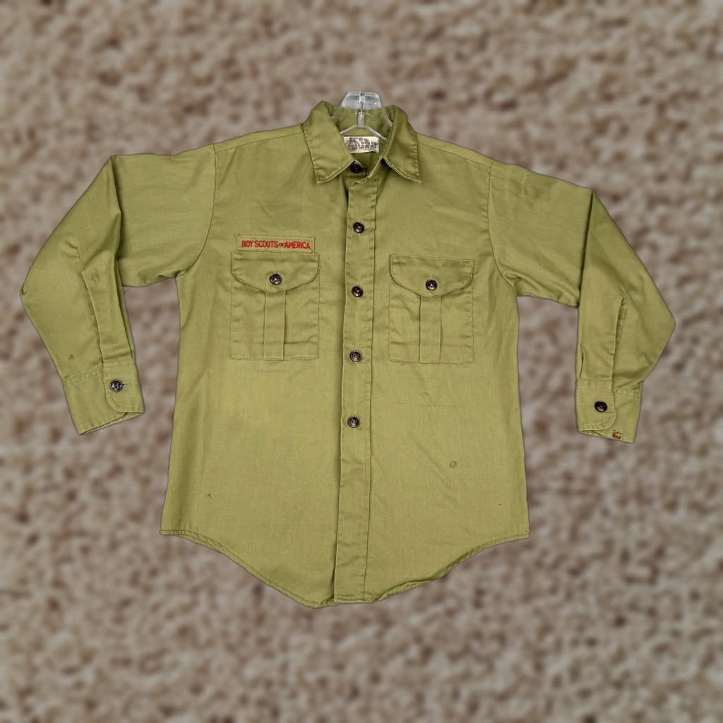 VINTAGE Boy Scouts of America Shirt Youth Large Olive Green Uniform Official 60s