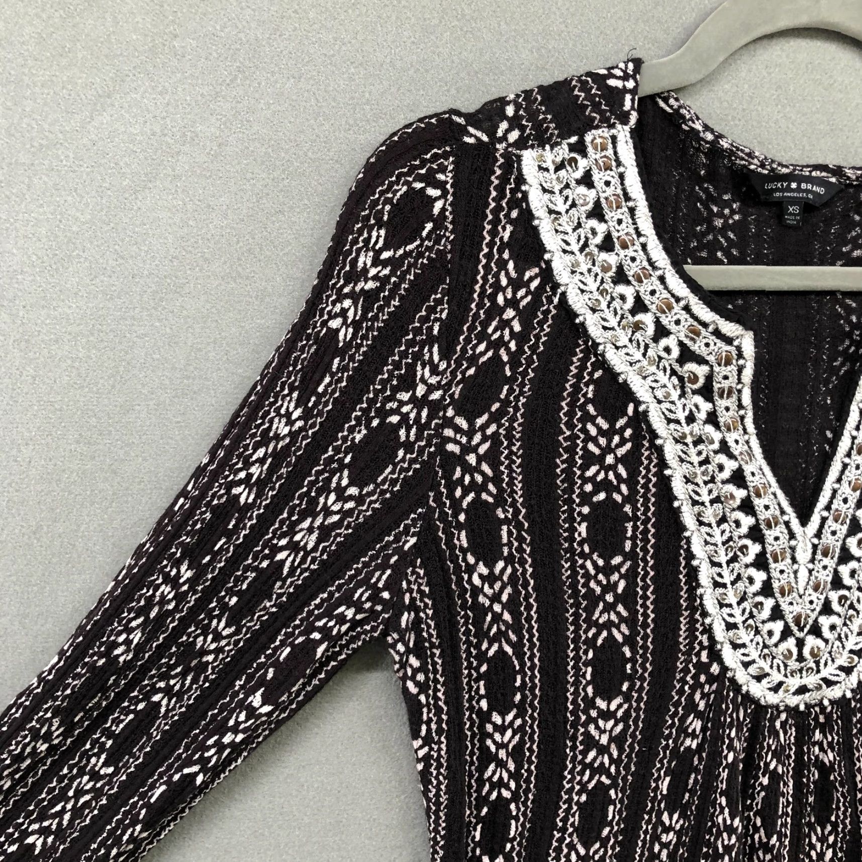 Lucky Brand Lucky Brand Blouse Womens XS Black Embroidered Linen Blend Long Sleeve Boho Top Womens Size XS / US 0-2 / IT 36-38 - 5 Thumbnail