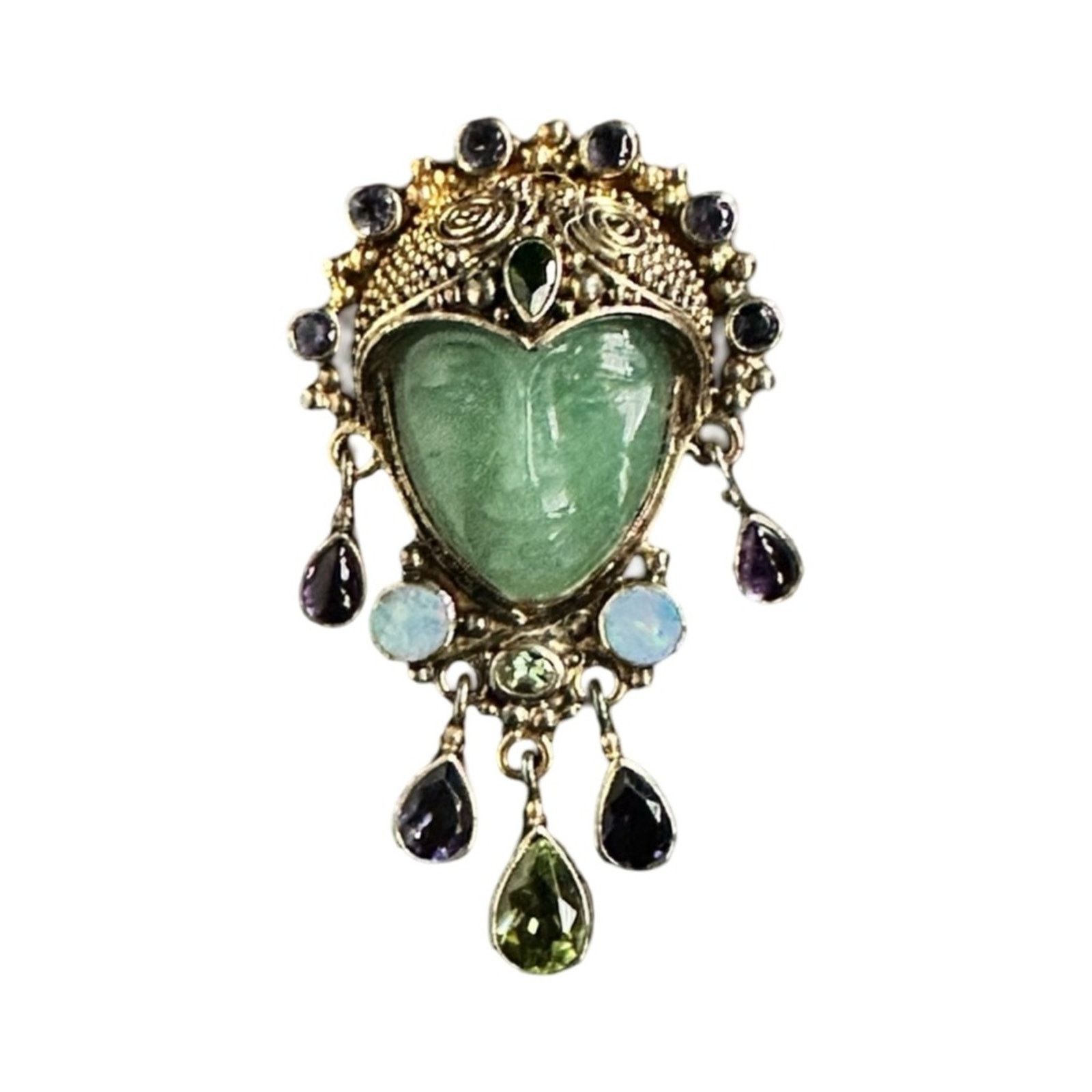 image of Vintage Gold Plated Sajen 925 Jade Face Brooch With Jewels in Green, Women's