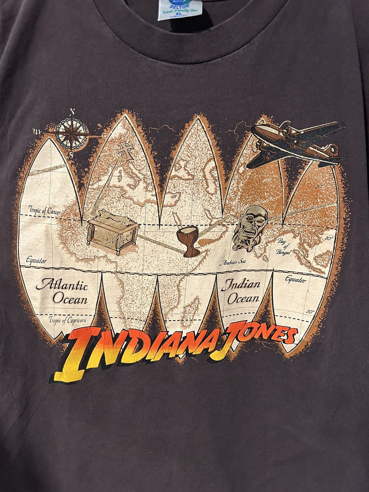 Vintage Indiana Jones Single Stitch Map 90s AOP Brown Shirt Size US XL / EU 56 / 4 - 3 Thumbnail