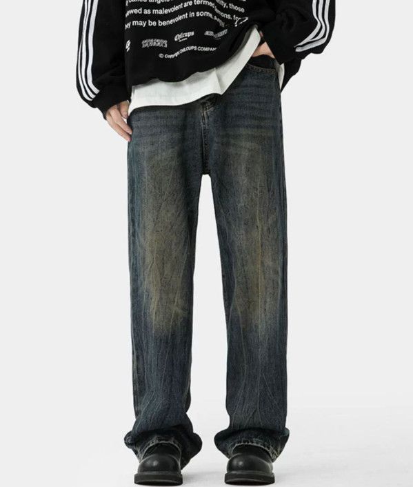 Washed men's street straight loose wide-leg retro jeans