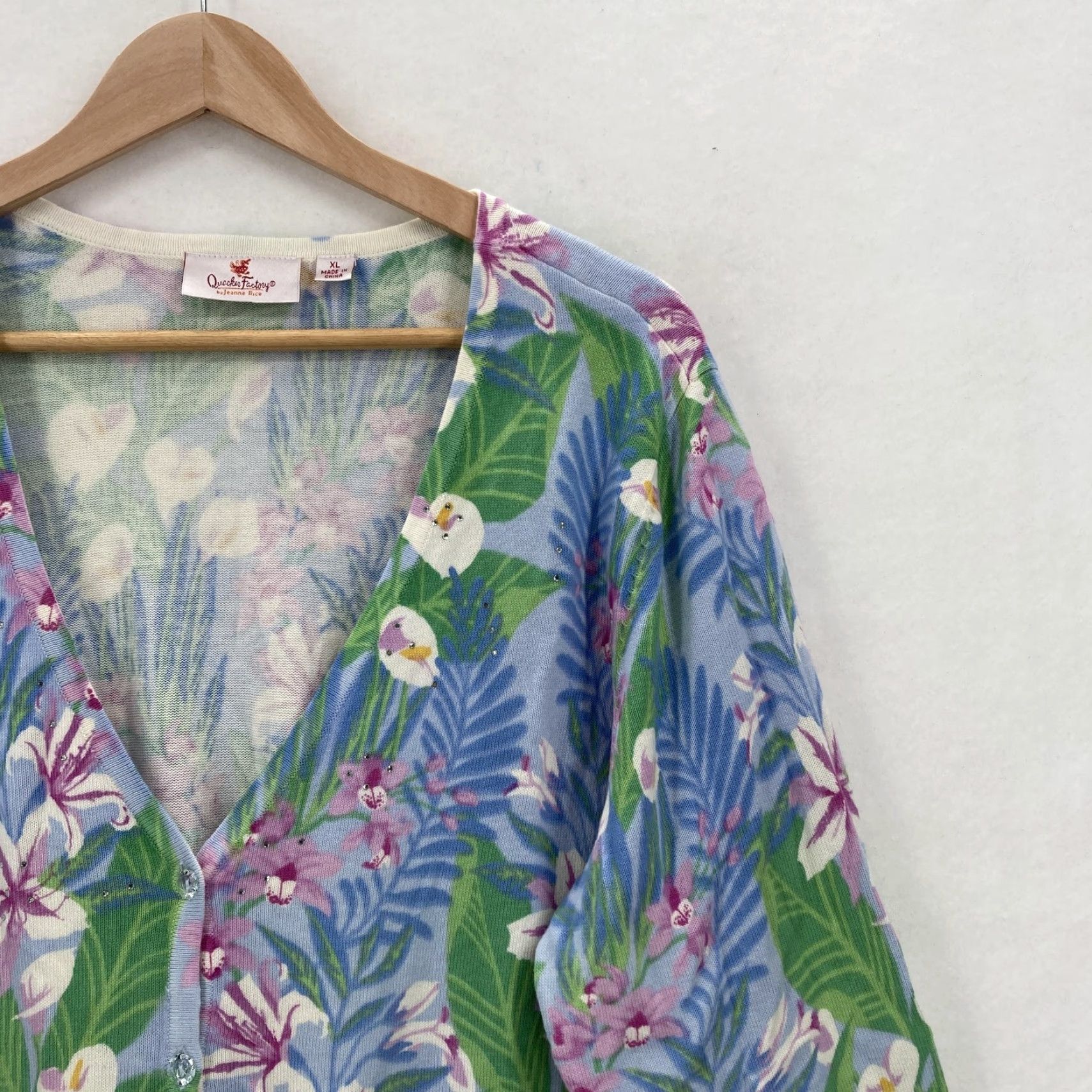 Quacker Factory Quacker Factory Cardigan Womens XL Blue Green Floral Print V Neck Button Front Size XL / US 12-14 / IT 48-50 - 2 Thumbnail