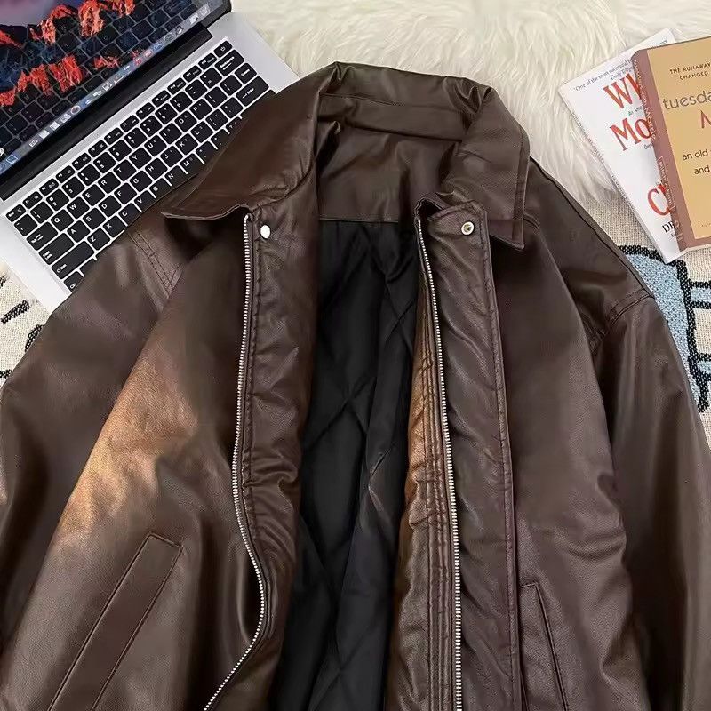 Other Streetwear Zipper PU Leather Loose Bomber Jacket Brown Size M / US 6-8 / IT 42-44 - 6 Thumbnail