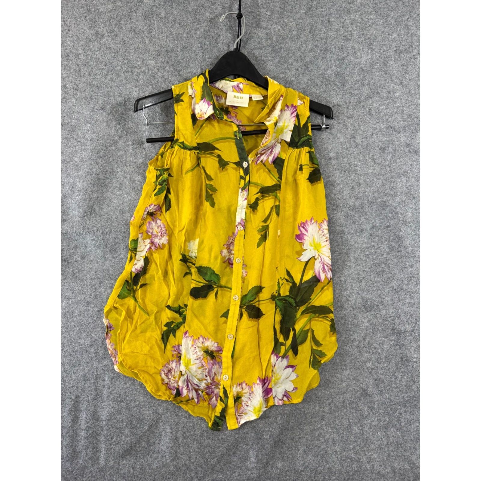 Anthropologie Maeve By Anthropologie Sheer Shirt Womens 4 Duchess Yellow Floral Sleeveless Blouse Crew Neck Button Size S / US 4 / IT 40 - 3 Thumbnail