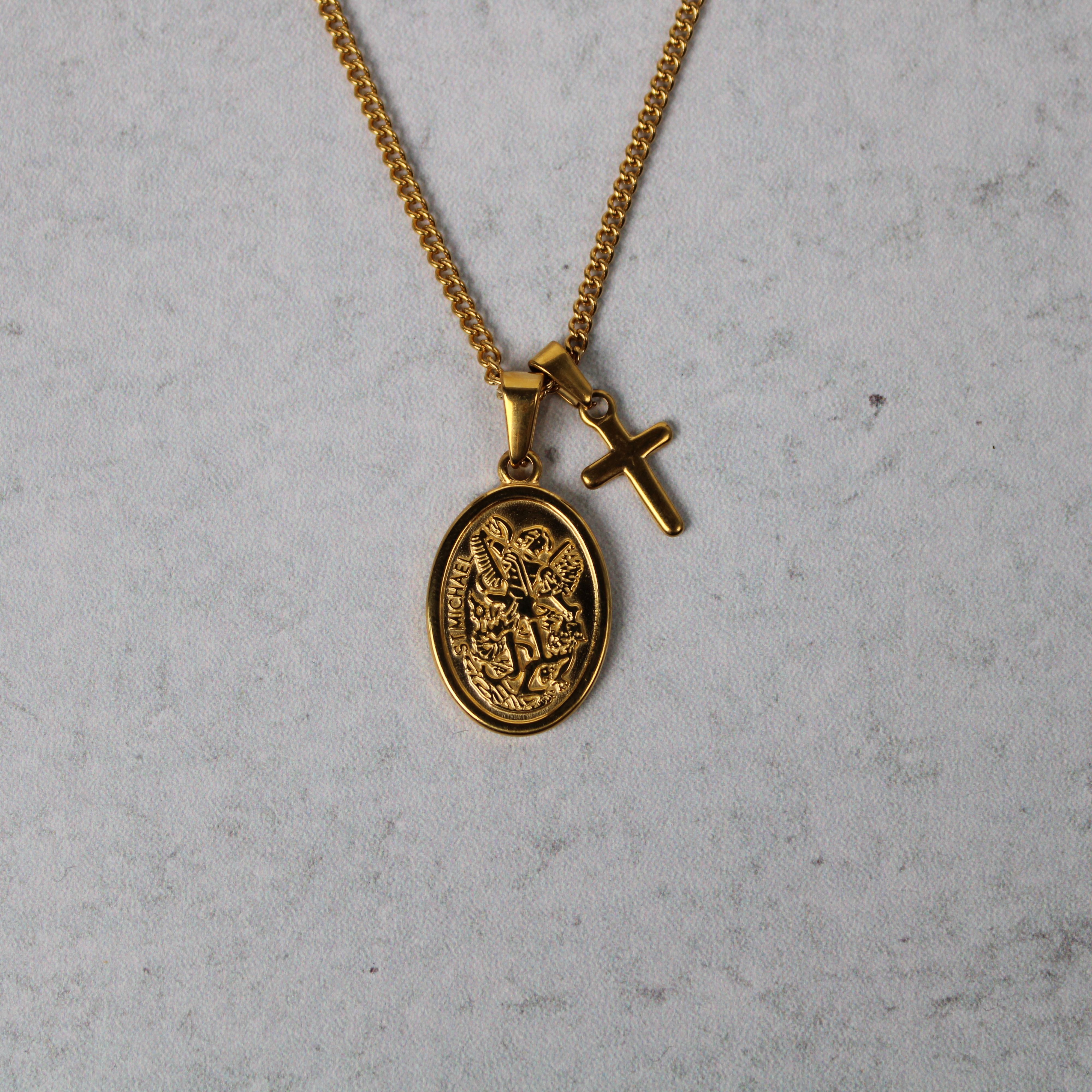Jewelry Gold Saint Michael and Mini Cross Pendant Necklace Set Size ONE SIZE - 5 Thumbnail