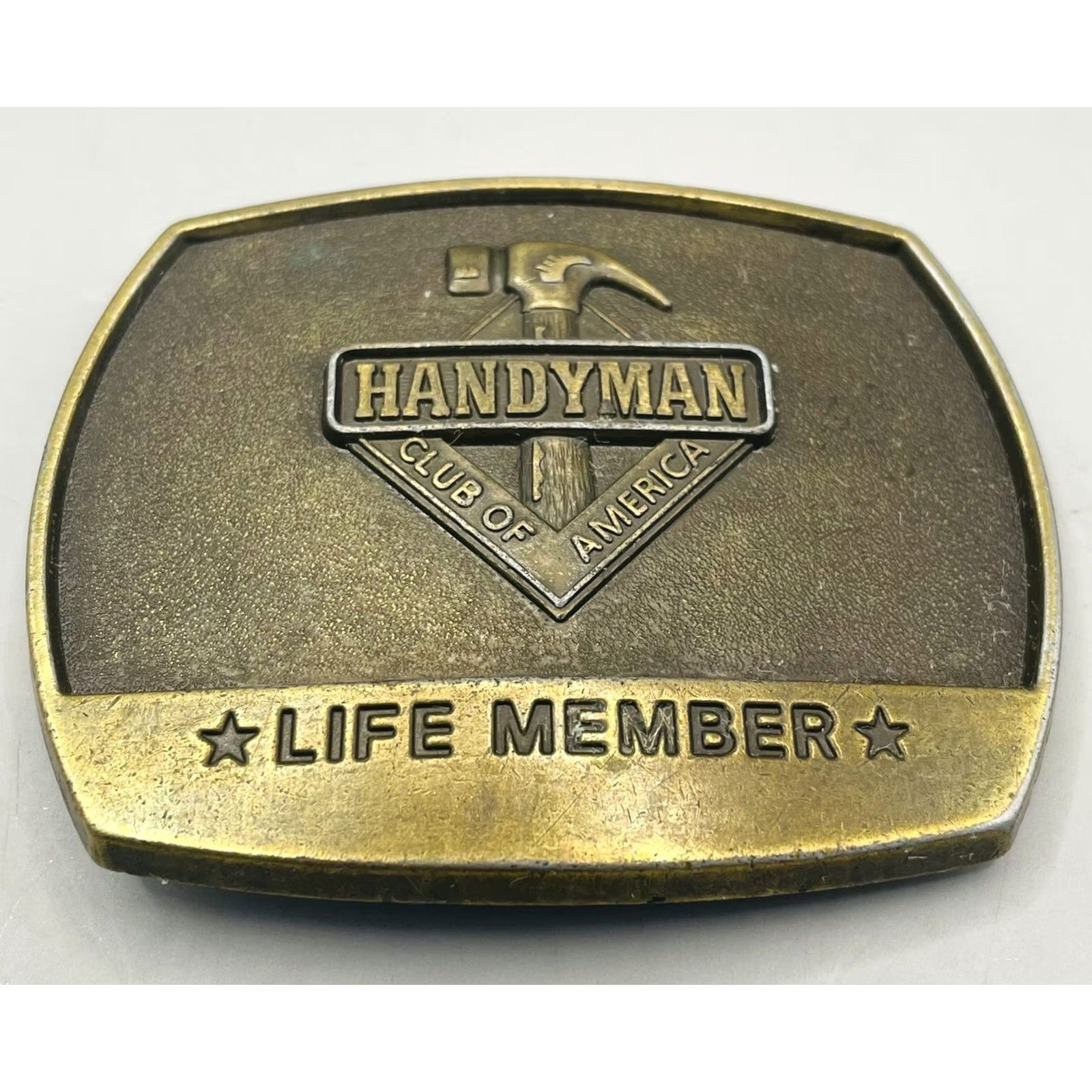 Vintage VINTAGE Handyman Club of America Life Member Brass Belt Buckle 1996 Hammer Clean Men Bronze Western GENDER: Mens Size ONE SIZE - 2 Thumbnail