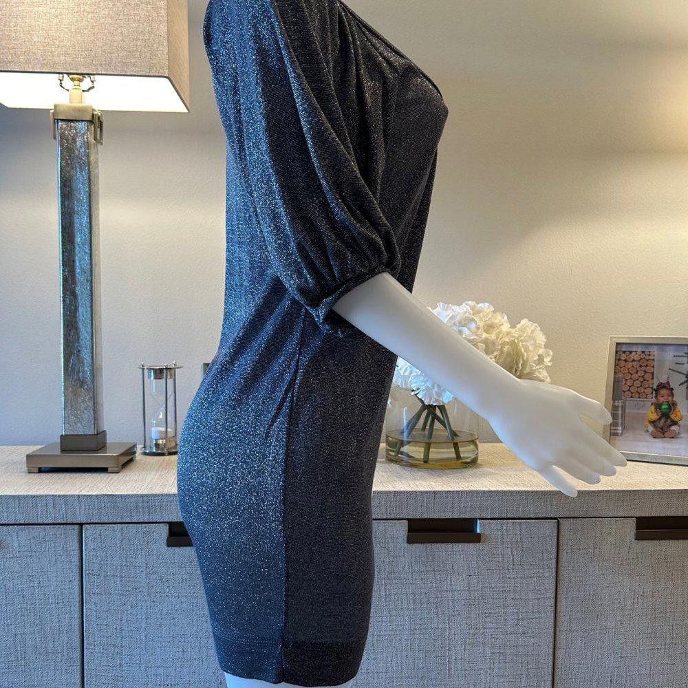 Designer Karlie Silver Metallic Mini Dress with Puffed Sleeves Size S / US 4 / IT 40 - 6 Thumbnail
