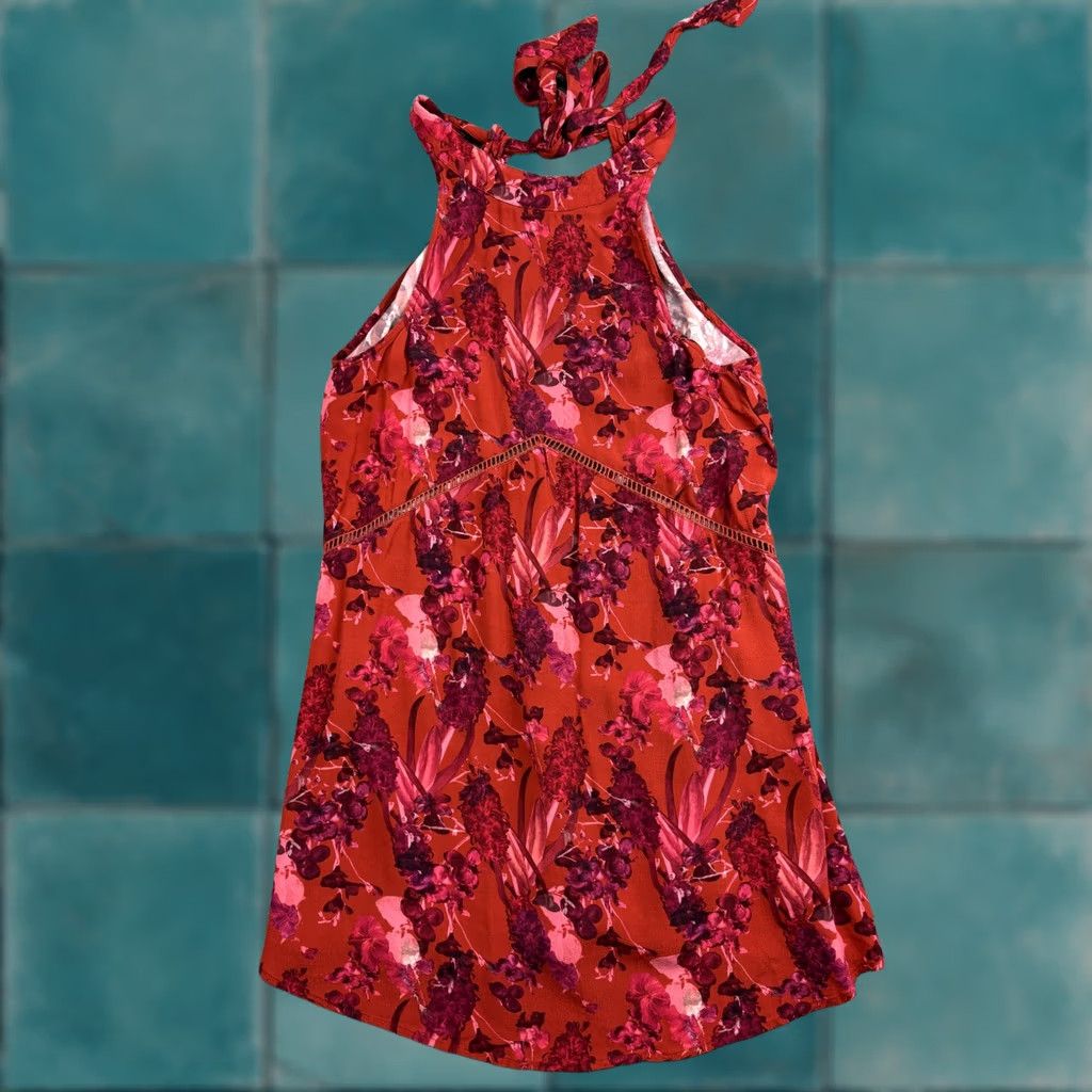 Beach Riot VINTAGE Beach Riot Dress Womens Small Red Pink Floral Halter Tie Neck Open Back Rayon Size S / US 4 / IT 40 - 1 Thumbnail