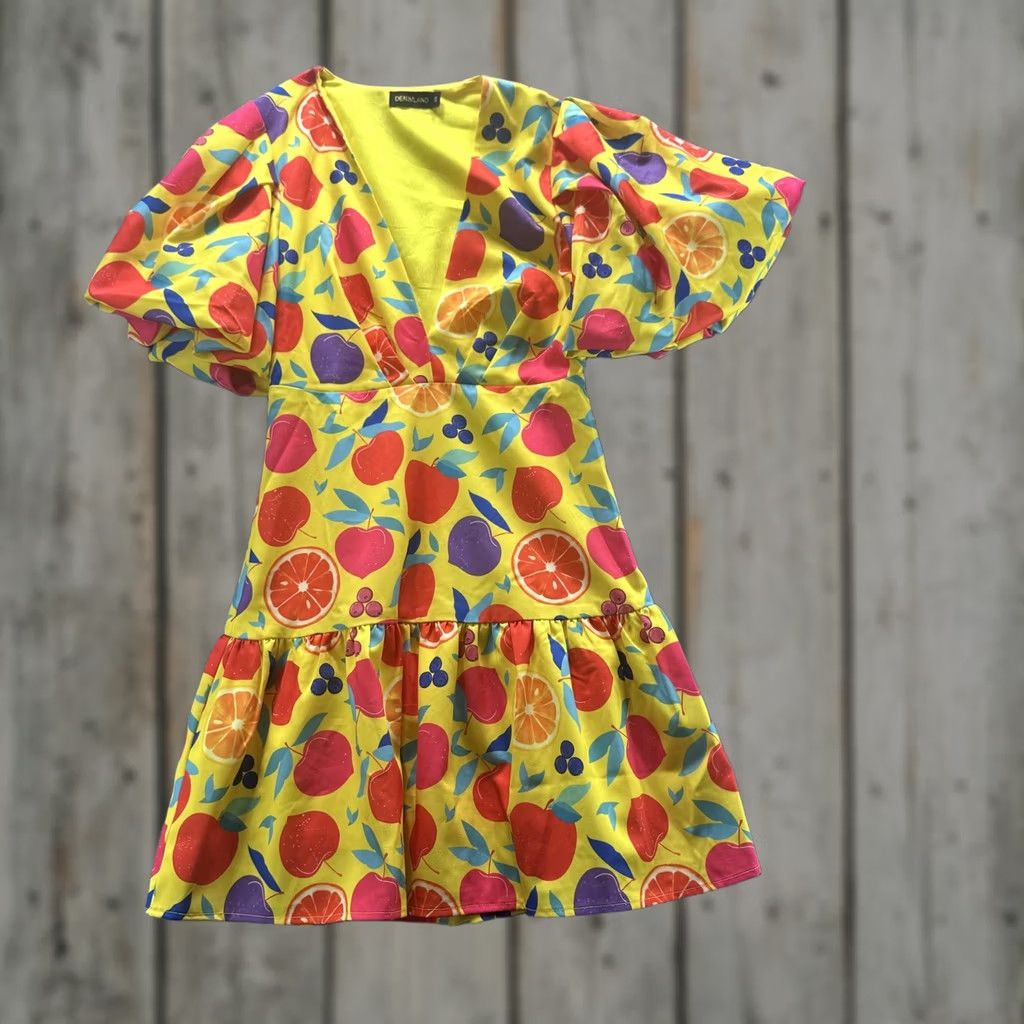 Vintage DENIMLAND Dress Womens S Yellow Fruit Print V Neck Puff Sleeve Ruffle Mini Size S / US 4 / IT 40 - 1 Thumbnail